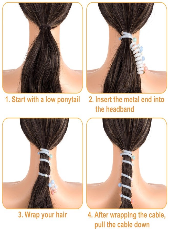 SmallCat 3PCS Spiral Hair Ties with Beads, Pearl Phone Cord Shape Hair Bands, Elastic Rubber Ponytail Holders for Women, No Crease Hair Accessories for Long Curly Hair - Colorful, Pink, White Beads - Image 4